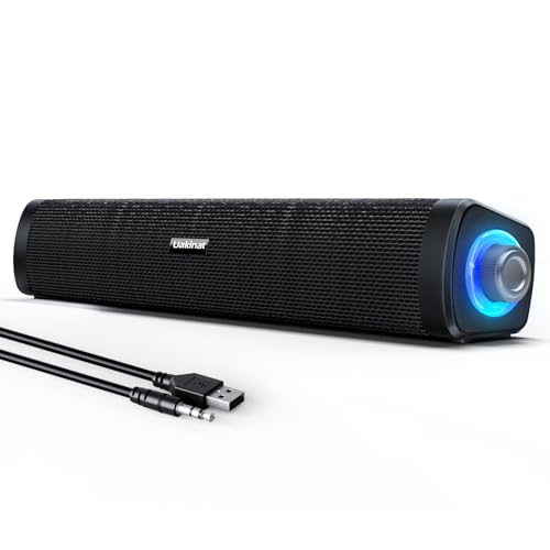 Uakinat USB Computer Speakers,Computer Speakers with 3.5 mm aux,Wired USB Powered & Colorful LED Lights with Switch Button,Surround Sound Portable SoundBar for Monitor Laptop Phone(Black)
