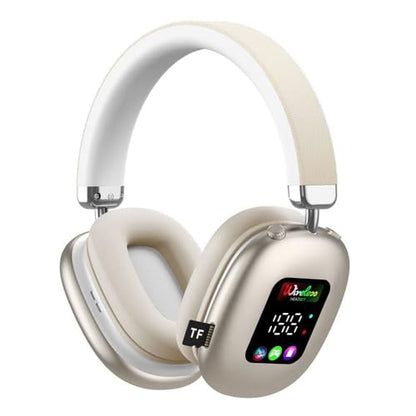 Wireless Bluetooth Over-Ear Headphones with Mic, LED Display, Deep Bass Stereo Sound, Low Latency, Noise Cancelling Mic, Lightweight Headset for Work, Home, PC, Phone (Tan) - color: Tan