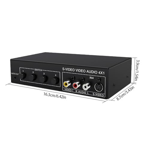 4x1 S Video and RCA Switcher, 4 Input 1 Output Audio Video Switch Selector Box for Game Consoles DVD Players, 720P Metal Shell Manual Push Button Switcher
