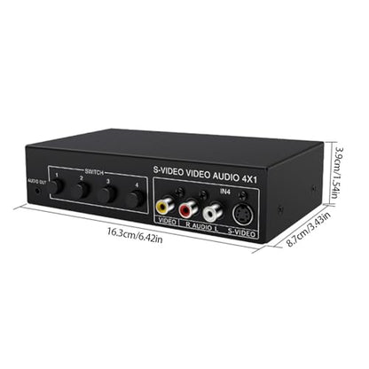4x1 S Video and RCA Switcher, 4 Input 1 Output Audio Video Switch Selector Box for Game Consoles DVD Players, 720P Metal Shell Manual Push Button Switcher
