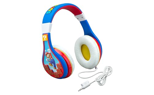 eKids Super Mario Kids Headphones, Adjustable Headband, Stereo Sound, 3.5Mm Jack, Wired Headphones for Kids, Tangle-Free, Volume Control, Childrens Headphones Over Ear for School Home, Travel | Adjustable Headband - color: Super Mario
