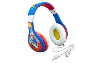 eKids Super Mario Kids Headphones, Adjustable Headband, Stereo Sound, 3.5Mm Jack, Wired Headphones for Kids, Tangle-Free, Volume Control, Childrens Headphones Over Ear for School Home, Travel | Adjustable Headband - color: Super Mario