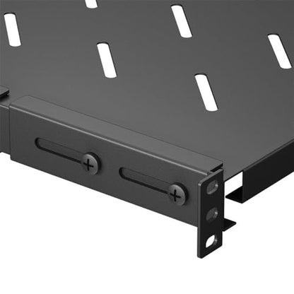 Vented 4-Post Shelf, Adjustable, Black, 300 mm Depth, 1U, 242 lbs, Cold Rolled Steel - size: 12" Deep