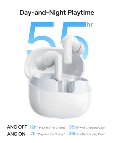 Baseus Bass BP1 Pro Noise Cancelling Wireless Earbuds, Real-Time Adaptive Noise Cancelling, Adaptive Active EQ, LDAC Hi-Res Sound, 6-Mic AI Clear Calls, 55H Playtime, IP55 Waterproof, Bluetooth 6.0 - color: Moon White