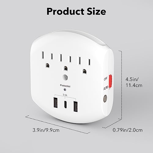BN-LINK 3-Outlet Extender, Multi Plug Outlets with 3 USB Ports (3.4A Total), Dusk-to-Dawn Sensor Night Light, Surge Protector with Top Phone Holder, for Traveling, Home, School, Office - size: 3 Outlets - Night Light (USB)