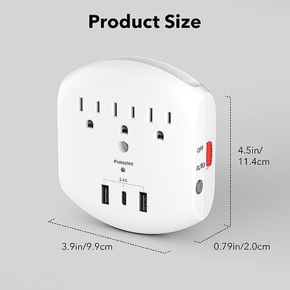BN-LINK 3-Outlet Extender, Multi Plug Outlets with 3 USB Ports (3.4A Total), Dusk-to-Dawn Sensor Night Light, Surge Protector with Top Phone Holder, for Traveling, Home, School, Office - size: 3 Outlets - Night Light (USB)