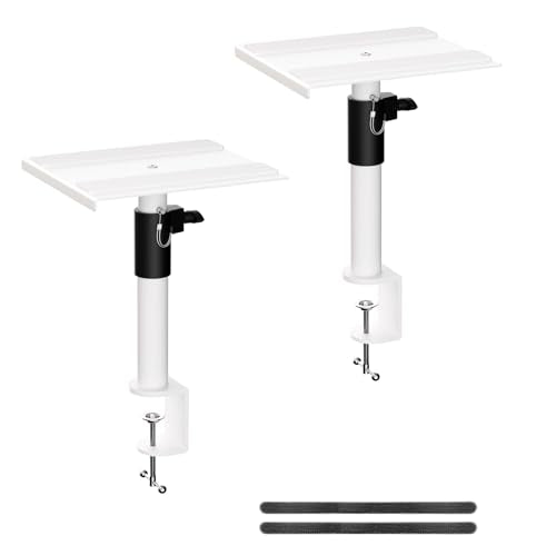 suptek Clamp-on Speaker Stand Desk Mount Set, Height Adjustment, Swivel, 9.6 x 8.8 inch Trays, Universal Audio Holders for Computer and Bookshelf Speakers, Elevated Sound, 2 Pack, White, SDM001GW - color: White, size: Fixed Speaker Stands