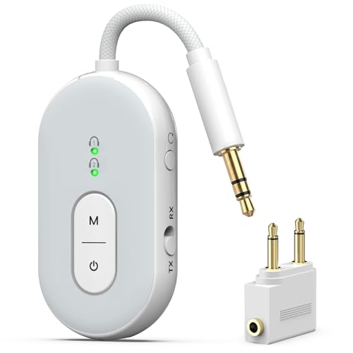 Bluetooth 5.3 Wireless Audio Transmitter & Receiver, 3.5mm AUX Adapter, Supports 2 AirPods or Headphones, 25+ Hr Battery Life, Airplane Bluetooth Adapter for Travel, Flight, TV, Car & Gym