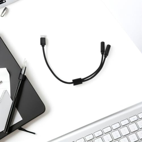 PC Headset Splitter Adapter with Sound and Plug and Play Features, Dual Headphone Microphone Splitter Cable in Black Plastic and Metal for Office and Travel Use