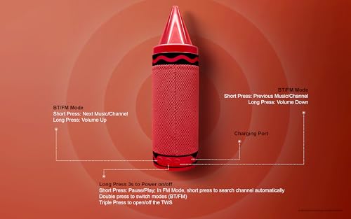 Crayola Kids Crayon Speakers Bluetooth, Portable Bluetooth Speakers | 20W Peak Power HD Sound, Mini Bluetooth Speaker Wireless with TWS Pairing BT 5.3, FM Radio Home/Party/Outdoor/Travel - color: Red