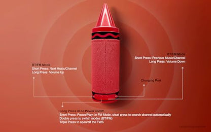 Crayola Kids Crayon Speakers Bluetooth, Portable Bluetooth Speakers | 20W Peak Power HD Sound, Mini Bluetooth Speaker Wireless with TWS Pairing BT 5.3, FM Radio Home/Party/Outdoor/Travel - color: Red