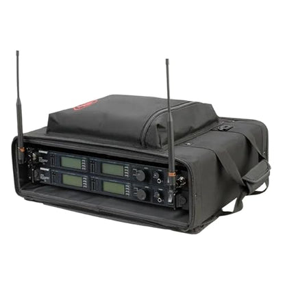SKB Cases 2U Soft Rack Case for Wireless Microphone Systems with Steel Rails, Heavy Duty Zippers, Outer Pocket and Shoulder Straps, Black | Heavy-duty zippers, outer accessory pocket, shoulder straps included, protects microphone equipment on the go