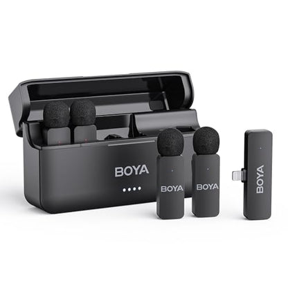 BOYA BY-V4D Wireless Lavalier Microphone for iPhone iPad with Charging case, 18H Battery Life, 650ft Range, 4-Channel Omnidirectional Noise Canceling Lapel Mics for Video Recording Interview Vlog - size: 4TX+Lightning RX+1CC