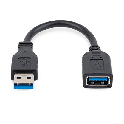 StarTech.com 6in Short USB 3.0 (5Gbps) Extension Adapter Cable (USB-A Male to USB-A Female) - USB 3.2 Gen1 Port Saver Cable - Black (USB3EXT6INBK) | Male to Female port saver, Short, 3.2 Gen1, Braided shielding, Aluminum-mylar foil, Molded strain relief,