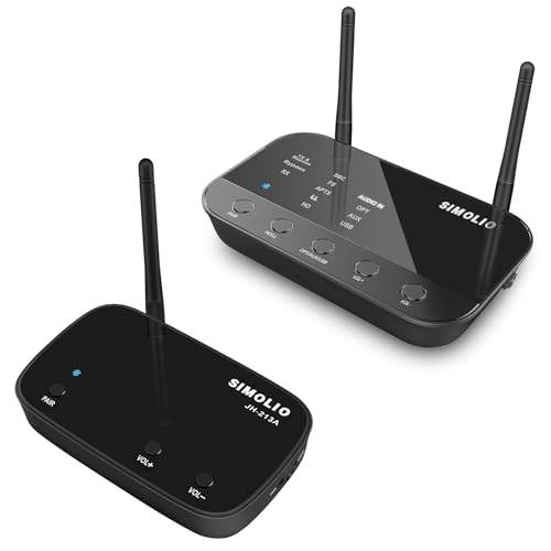 SIMOLIO aptX Low Latency & HD Bluetooth Transmitter for TV, Long Range Bluetooth Audio Adapter for 2 Wireless Headphones, Bypass to Soundbar, HiFi Bluetooth Receiver for Home Stereo, Wired Speaker