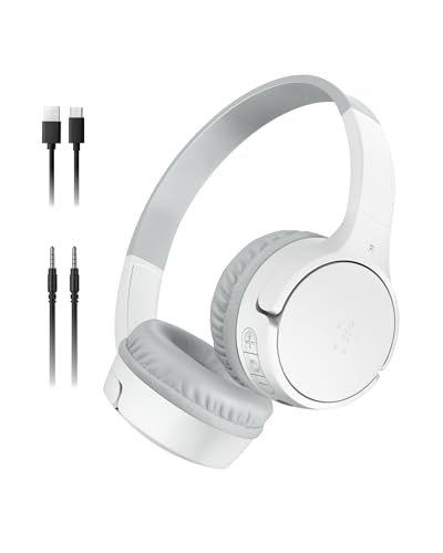 Belkin SoundForm Mini Bluetooth Kids Headphones, On Ear, 30H Battery Life | Toddler headphones, 85dB volume limiter, built-in mic, wired connection option, iPad, Android tablet, school - color: White, style: Wireless (USB-C)