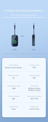 Lihuosheng 2 in 1 Bluetooth 6.0 Transmitter Receiver AUX Wireless Audio Adapter for Car TV Airplane, Hands-Free Calling, HiFi Sound, Long Battery Life