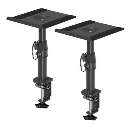 suptek Clamp-on Speaker Stand Desk Mount Set, Height Adjustment, Tilt, Swivel, 9.6 x 8.8 inch Trays, Universal Audio Holders for Computer and Bookshelf Speakers, Elevated Sound, 2 Pack, Black, SDM001B - color: Black, size: 9.6 x 8.8x 13.9"(h)