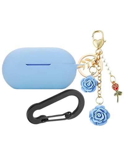 Case for Beats Solo Buds Case Cover with Flower Keychain, Cute Soft Silicone Shockproof Protective Skin Cases for Beats Solo Buds Wireless Earbuds with Carabiner for Women Girl (Azure Blue) - color: Azure blue