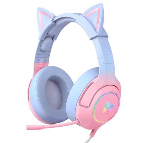 PHNIXGAM Wired Gaming Headset - Removable Cat Ears, RGB/Retractable Mic | 3.5mm surround sound gaming headphone. Compatible with PC, PS4, PS5, mobile. Gradient pink-blue design. - color: Gradient Pink Blue 3.5mm