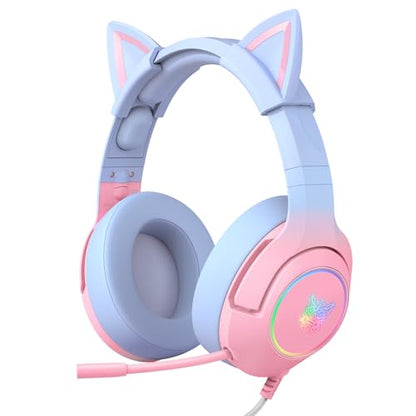 PHNIXGAM Wired Gaming Headset - Removable Cat Ears, RGB/Retractable Mic | 3.5mm surround sound gaming headphone. Compatible with PC, PS4, PS5, mobile. Gradient pink-blue design. - color: Gradient Pink Blue 3.5mm