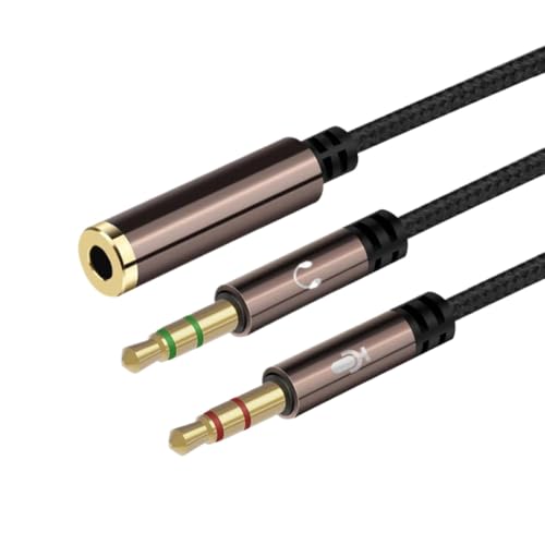 3.5mm Jack Microphone Audio Headset Splitter Nylon Braided 2 Male Audio Mic to 4 Pole Combo Female AUX Adapter Compatible with Computer