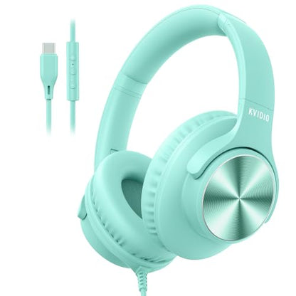 KVIDIO Wired Headphones with Mic, Volume & Playback Control, Over-Ear Foldable Headphones, USB-C Plug, 90° Swivel Ear Cups, 4.9ft Tangle-Free Cord for Tablet, Laptop, PC, School, Travel (Mint Green) | Foldable Plug in Headphones with Volume Control for Te