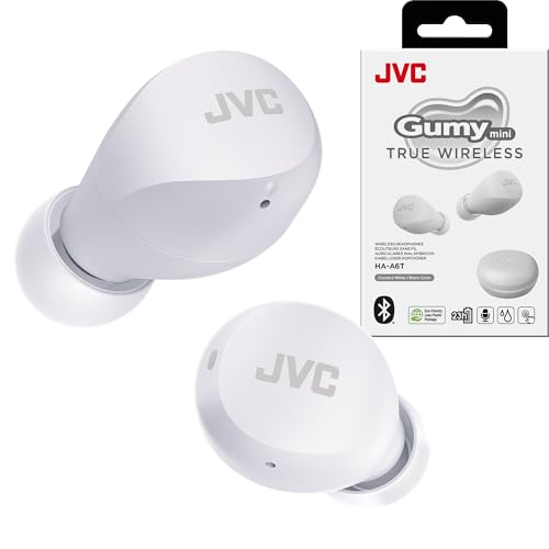 JVC Compact and Lightweight Gumy Mini True Wireless Earbuds Headphones, Long Battery Life (up to 23 Hours), Sound with Neodymium Magnet Driver, Water Resistance (IPX4) - HAA6TW (White) - color: White, size: Compact