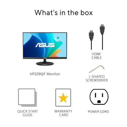 ASUS 22” Eye Care Monitor (VP229QF) – 100Hz, IPS, Full HD, 99% sRGB, Frameless, Adaptive-Sync, DisplayPort, HDMI, Low Blue Light, Flicker Free, Wall Mountable, 3 yr Warranty | Includes monitor arm, base and HDMI cable for mounting, connectivity and assemb