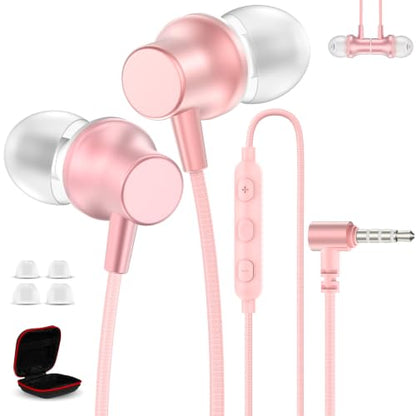 3.5mm Wired Headphones for Laptop School Kids Earbuds with Case Mic - color: Pink