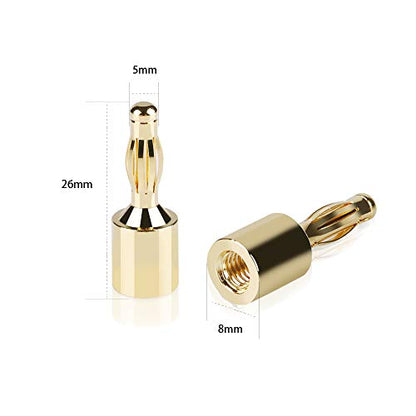 SKW Convertible Connector Gold Plated Speaker Banana Plugs 2 Pair (4 pcs) | 24K gold-plated plugs, convertible for binding posts and spring clips, no soldering required, for amplifier home theater - size: Banana