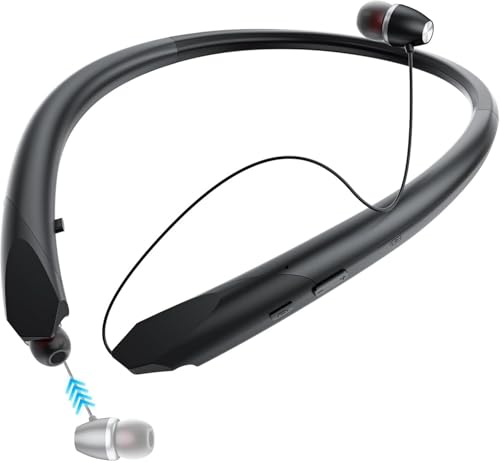 Bluetooth Neckband Headphones with Retractable Earbud Cables, 24H Battery Life, IPX5 Sweatproof Wireless Earbuds, Stereo Surround Sound for Sports, Running, Workouts - color: Black