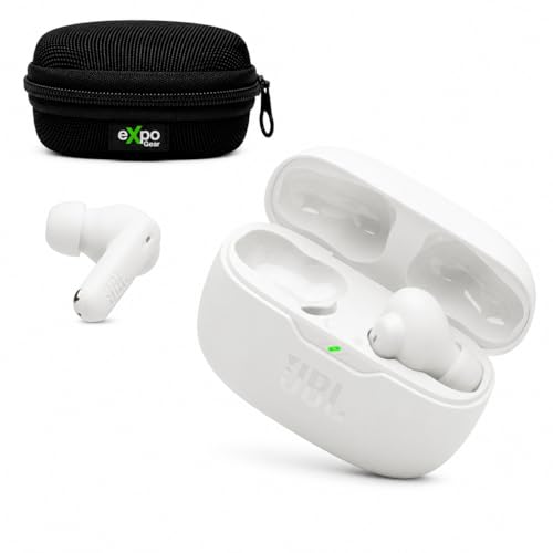 JBL Vibe Beam 2 True Wireless Noise Cancelling Earbuds Pure Bass Sound, Smart Ambient, 4 Mics, 40H Battery, IP54 Water Resistant (White) with Expo Gear Weather-Resistant Hard-Shell Case - color: White