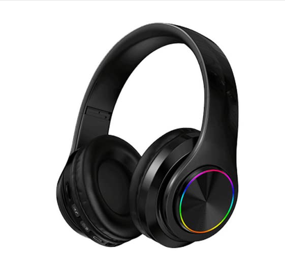 Wireless Over-Ear Bluetooth Headphones, LED Lights, Built-in Mic, Black | Bluetooth 5.0 low latency, 40mm driver HIFI stereo Foldable lightweight soft earcups, for gaming travel office home gift - color: All Black