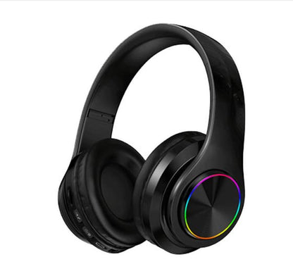 Wireless Over-Ear Bluetooth Headphones, LED Lights, Built-in Mic, Black | Bluetooth 5.0 low latency, 40mm driver HIFI stereo Foldable lightweight soft earcups, for gaming travel office home gift - color: All Black