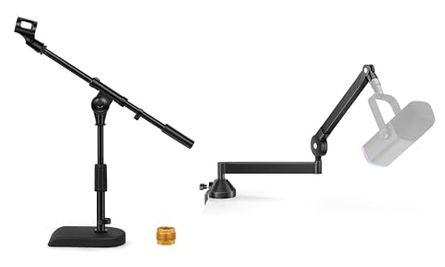 InnoGear Weighted Base Desk Microphone Stand & Low Profile Mic Boom Arm Bundle for Blue Yeti HyperX QuadCast SoloCast Snowball Fifine Shure SM7B and Other Mics