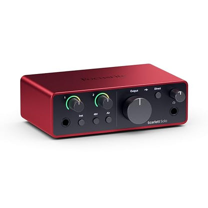 Focusrite Scarlett Solo 4th Gen USB Audio Interface, for the Guitarist, Vocalist, or Producer — High-Fidelity, Studio Quality Recording, and All the Software You Need to Record | 1 XLR Mic Preamp, 1 Hi-Z Instrument Input, 24-Bit/192kHz, 120dB Dynamic Rang