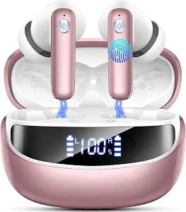 Wireless Earbuds, Bluetooth 5.4 Headphones, in-Ear Earphones with 4 ENC Mics Deep Bass Stereo, 40H Playtime LED Display Mini Charging Case Ear Buds, IP7 Waterproof Wireless Headphones for Android iOS - color: Pink Gold