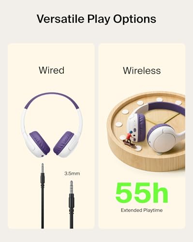 Belkin SoundForm Mini 2 Bluetooth Kids Headphones, On Ear, 55H Battery Life | Toddler headphones, 85dB Volume Limit, Built-in Mic, Wired Connection Option, iPad, Android Tablet, School, Travel - color: Purple