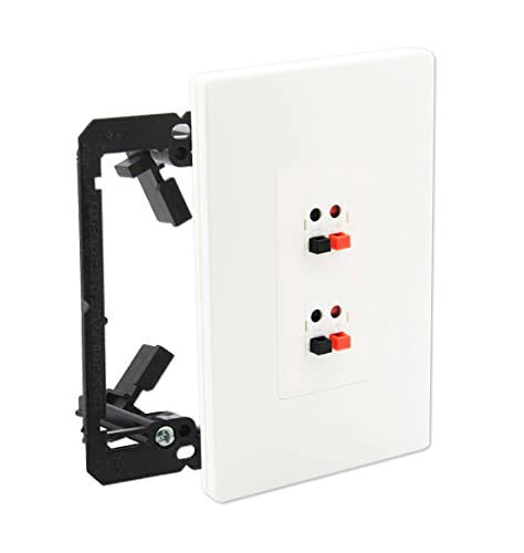 DIYTECH 2 Port Spring Loaded Speaker Wall Plate with 1 Gang Mounting Bracket – Self Closing Banana Plug Terminals, Home Theater Audio Outlet Plate, White Screwless - size: 2 Speaker