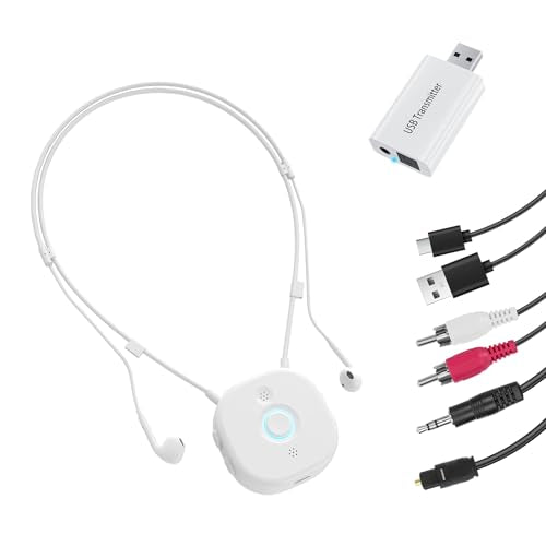Neckband Earbuds with Independent L/R Volume Control, AptX LL, 100 ft Range, Large Buttons TV Headphones Wireless for Seniors Hearing, Semi-In-Ear Headphones Compatible USB/Optical/RCA/3.5mm Audio Out