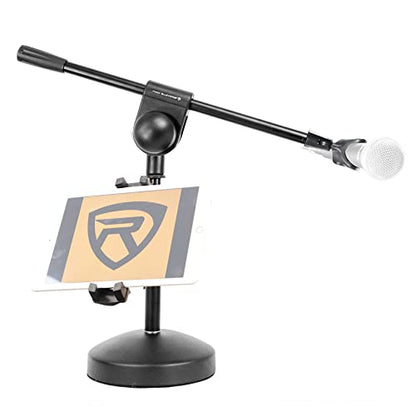 Rockville RDMS70 Kick Drum Desktop Mic Stand Bundle with iStand 44 Mount | Adjustable Height, Steel Round Base, 13.8" Boom Arm, Tablet/Smartphone Clamp, 360 Swivel, 2-Items