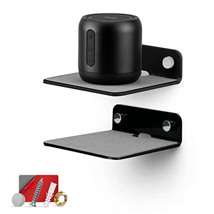 BRAINWAVZ 2-Pack 4” Small Floating Shelf Bluetooth Speaker Stand, Adhesive & Screw Wall Mount, Anti Slip, for Cameras, Baby Monitors, Webcam, Router & More, Universal Holder (SHELF11 Black) - color: Black