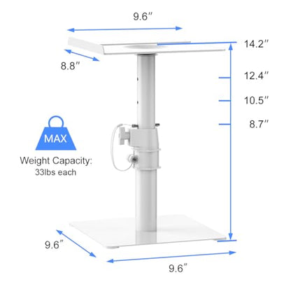 Suptek Free-Standing Speaker Stand Desktop Set, 9.6 x 8.8 inch Trays, Height Adjustment and Tilt, Universal Audio Holders for Computer and Bookshelf Speakers, Elevated Sound, 2 Pack, White, SDM001TW - color: White, size: 9.6" x 8.8" x 14.2"