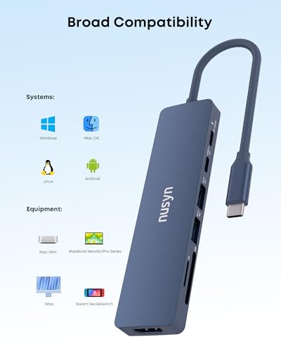 7-in-1 USB C Hub with 4K@60Hz HDMI, 2 USB-A, 1 USB-C, 100W PD Charging, SD 3.0 /TF 3.0 Card Reader, Compatible with MacBook Pro/Air/Neo, iPad Pro, iMac, iPhone 15-17 (Indigo) - color: Indigo