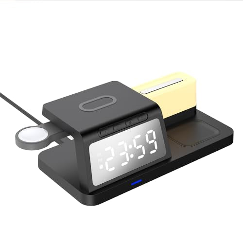 IHAO 6in1Digital Alarm Clock with Wireless Charging Station Night Light 15W Fast Charging for Qi Phone Headphone Bracket for iWatch Charger LED Display Dimmable Brightness-HT309 Black - color: Wireless Charger Alarm Clock Ht309 Black