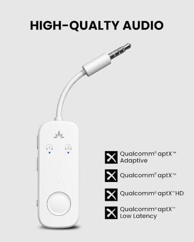 Avantree Relay - Airplane Bluetooth Adapter for 2 AirPods or Headphones | Qualcomm aptX Adaptive, 25H Battery, Firmware Upgrades, Volume Controls, 3.5mm AUX Audio Transmitter for Flight Travel & Gym - color: 2-White