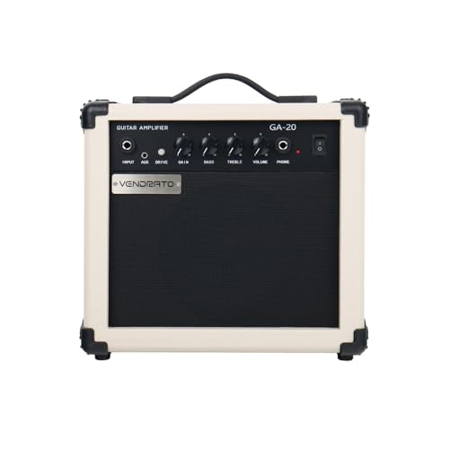 Electric Guitar Amplifier 20w amp Cream White Color gain bass Treble 3.5mm aux in Drive 6.5mm Guitar Input Headphone Portable for Beginner Starter Practice Travel amp noiseless Cable Pick and Adapter - color: White
