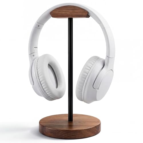 Wood & Metal Headphone Stand, Headset Holder for Desk, Desktop Gaming Headphone Hanger with Stable Non-Slip Bamboo Base, Universal Earphone Stand for Gaming, Office, Home, Gift - color: Black walnut