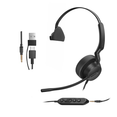 Yealink UH42 SE Wired Headset, USB-A/C & 3.5mm,in-Line Controls, On-Ear | Single-Ear Headphones, Teams/Zoom Certified, Noise Cancelling Mic, PC/Laptop/Phone, 7ft Cable, Call Center, WHF, Dynamic EQ - color: Single-Ear, size: 3.5mm & USB-C/A